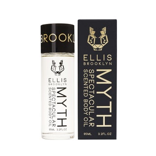 ellis brooklyn myth spectacular scented body oil on white background