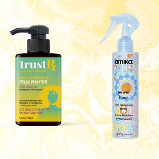 TrustRx, Amika, and Sachajuan hair products on yellow background