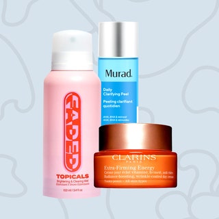 Topicals, Murad, and Clarins products collaged together on a graphic background